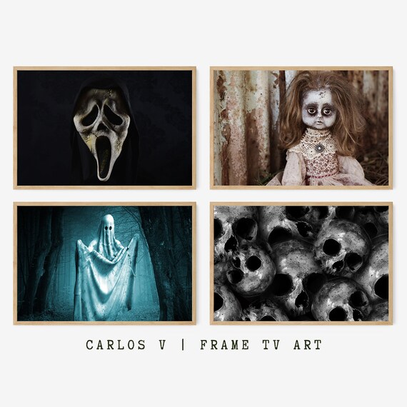 Creepy Horror Frame TV Art Set Ghost Doll Skulls Spooky Halloween Poster