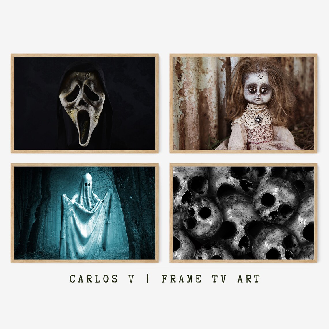 Creepy Horror Frame TV Art Set Ghost Doll Skulls Spooky Halloween Poster