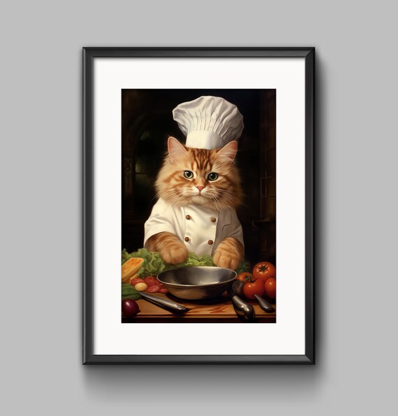 Orange Tabby Chef Cat Preparing Fresh Vegetables in the Kitchen Poster