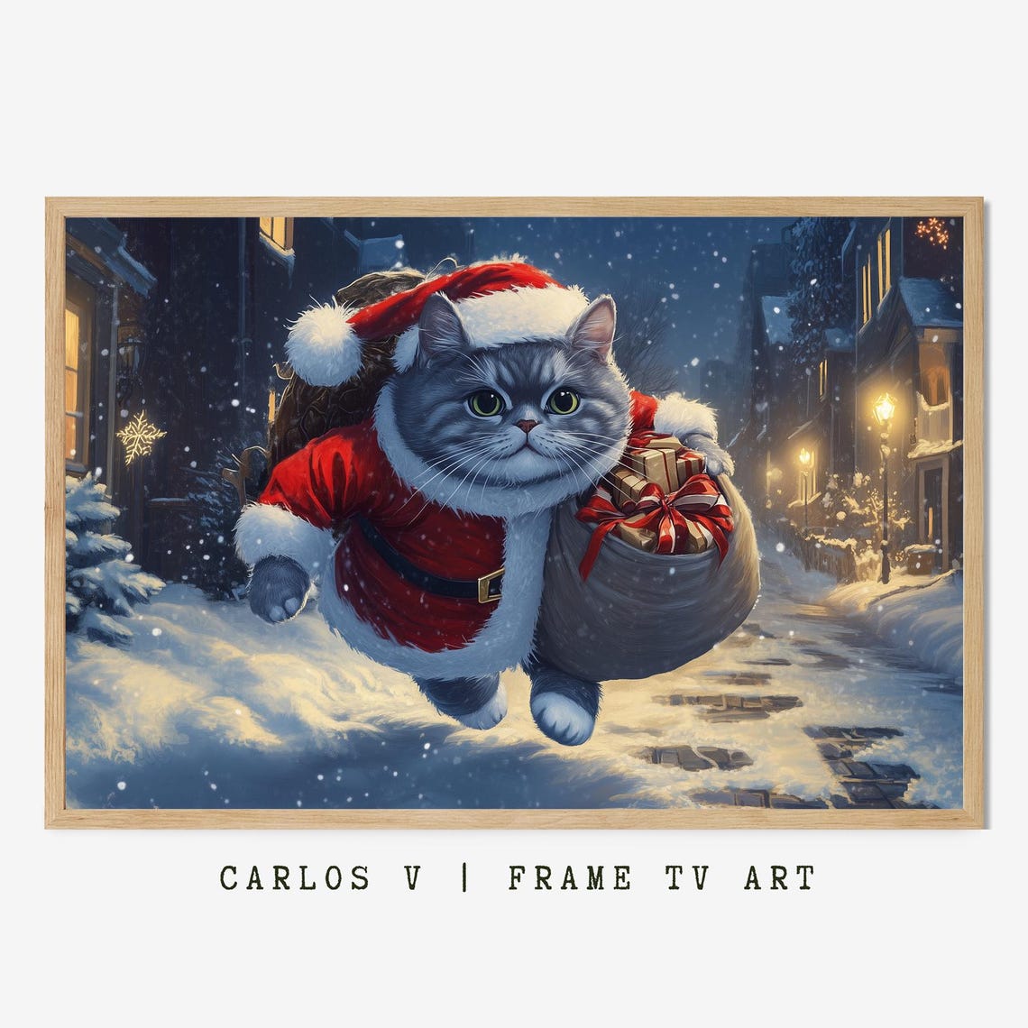 Santa Cat In Red Suit Carrying A Gift Sack Through The Snow Poster