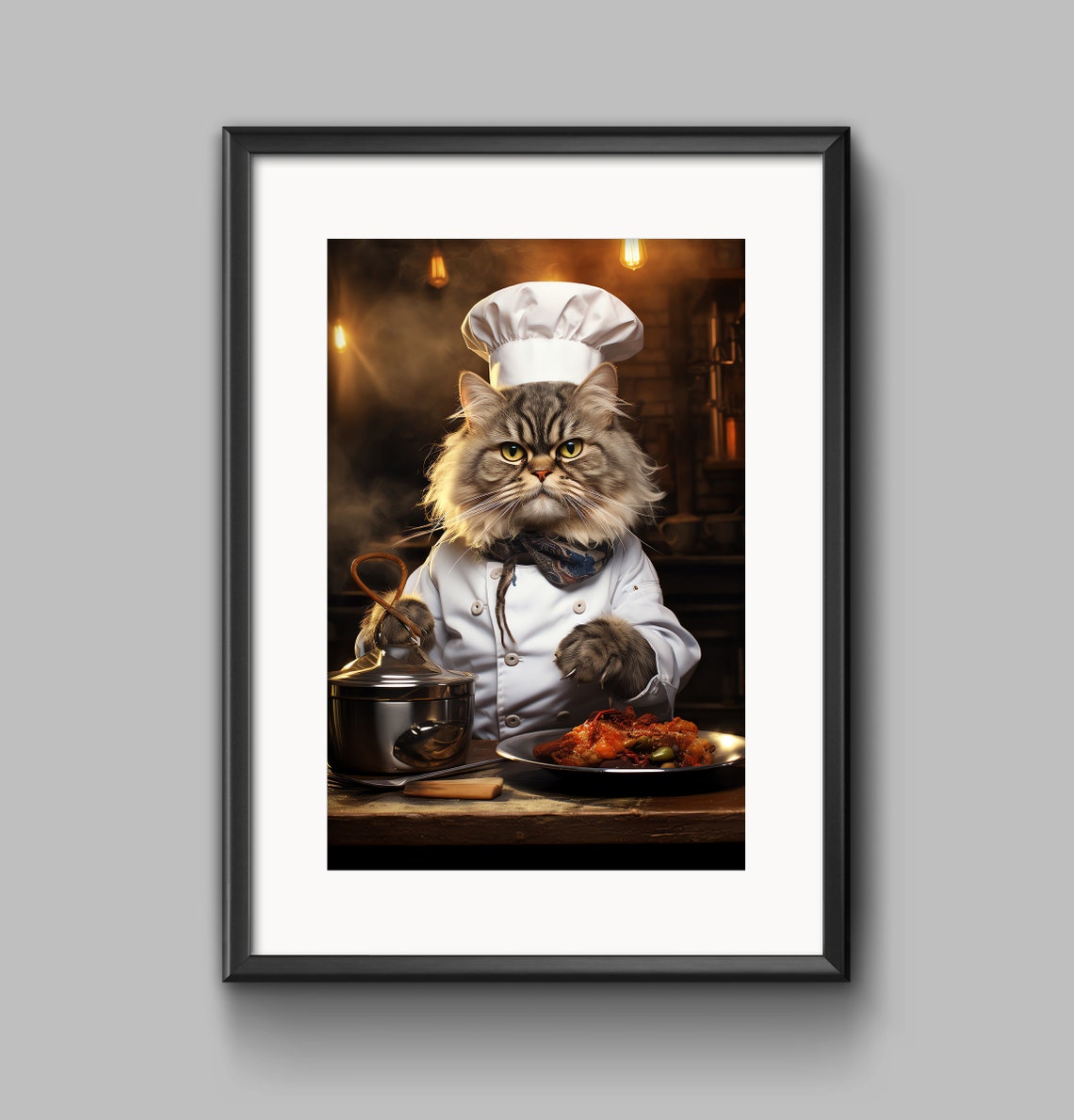 Funny Cat Chef Cooking a Feast in a Rustic Candlelit Kitchen Poster