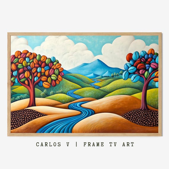 Whimsical Coffee Landscape Bright Trees Tv Frame Art Coffee Lovers Themed Illustration Instant Hd 300dpi