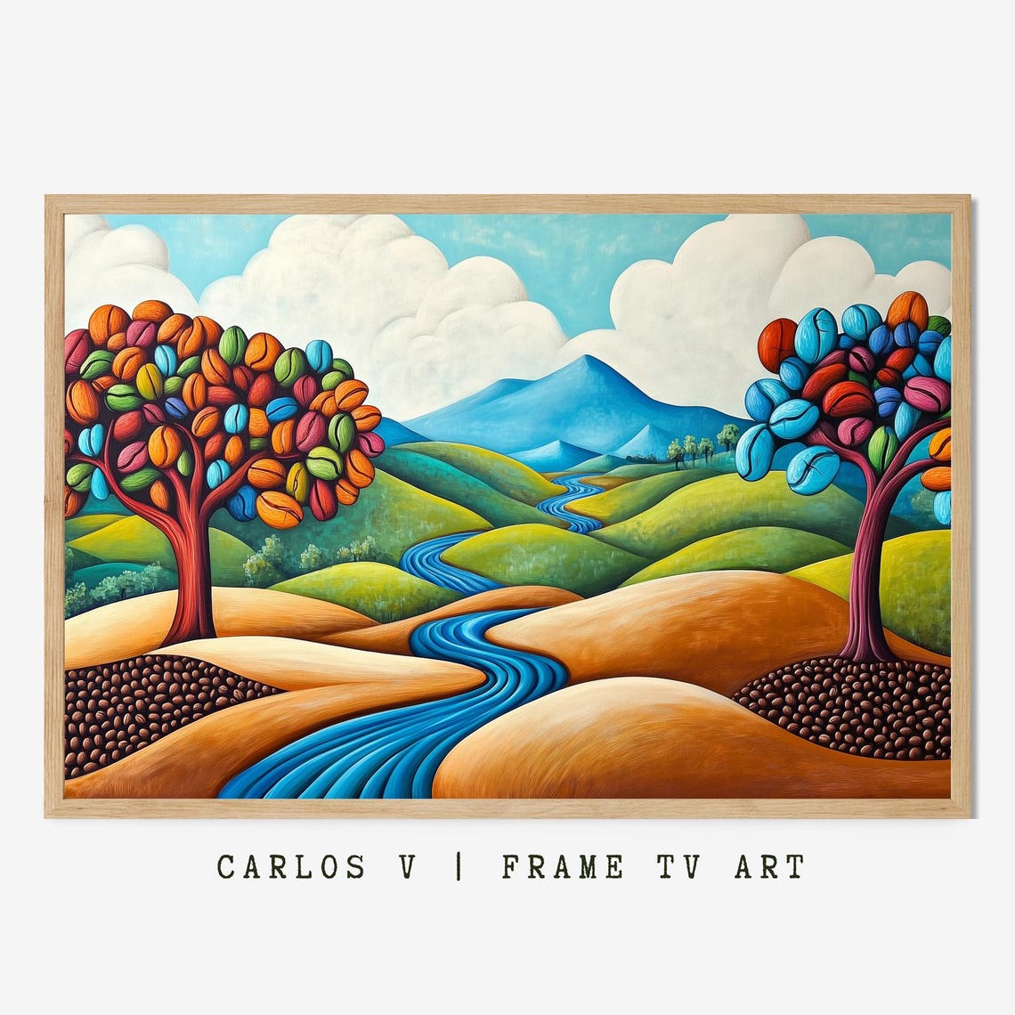 Whimsical Coffee Bean Tree Landscape with Winding River Poster