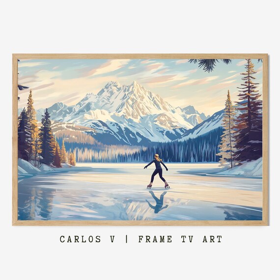 Woman Ice Skating on Frozen Lake Snowy Mountain Scenic Winter Poster