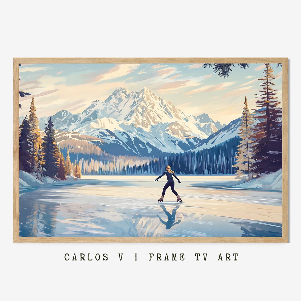 Woman Ice Skating on Frozen Lake Snowy Mountain Scenic Winter Poster