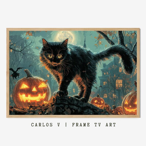 Black Cat Among Glowing Jack O Lanterns on Halloween Night Poster