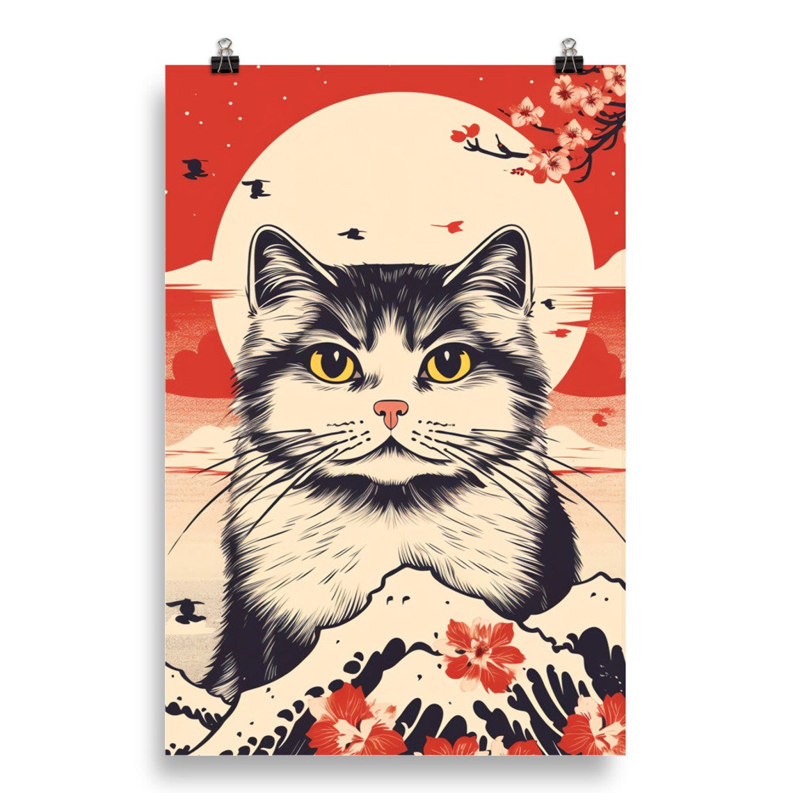 Bold Japanese Cat Under a Rising Sun With Cherry Blossoms Poster - Image 2
