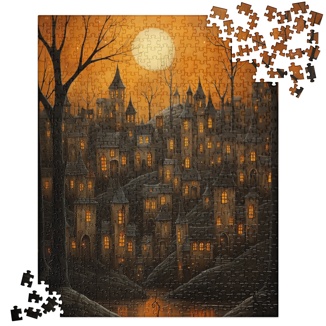 Spooky Halloween Town Orange Sky Full Moon Jigsaw Puzzle Poster - Image 2