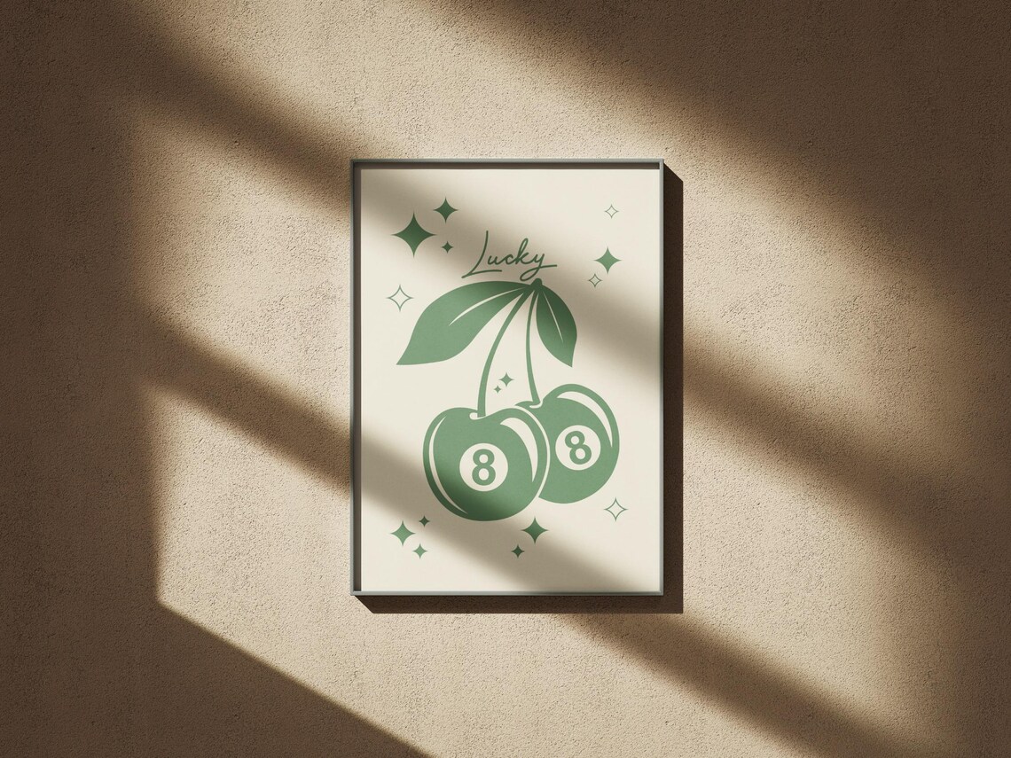 Lucky Green 8 Ball Cherries Retro Sparkle Fun Wall Decor Poster - Image 2