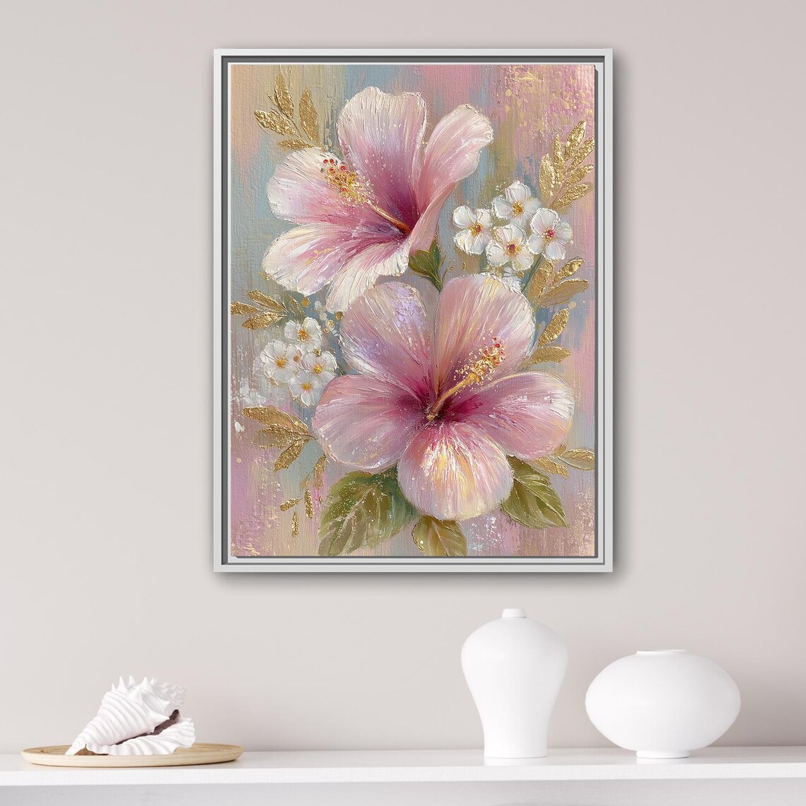 Pink Hibiscus Flowers Gold Leaves Soft Floral Canvas Painting Poster