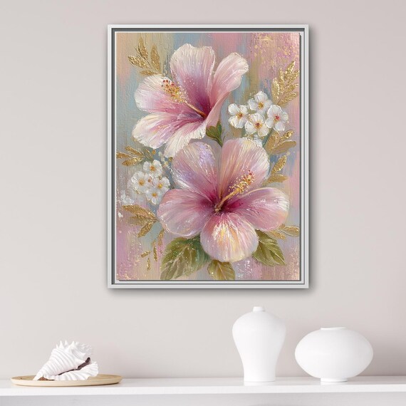 Pink Hibiscus Flowers Gold Leaves Soft Floral Canvas Painting Poster