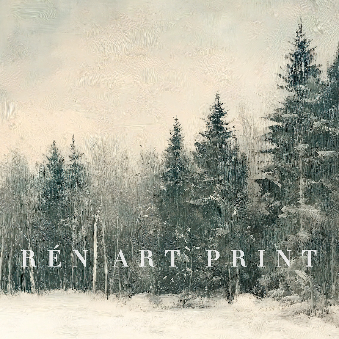 Snowy Pine Forest Clearing Muted Winter Landscape Oil Painting Print - Image 3