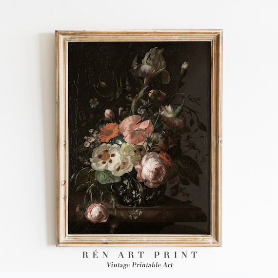 Moody Flower Painting, Vintage Dark Floral Art Print