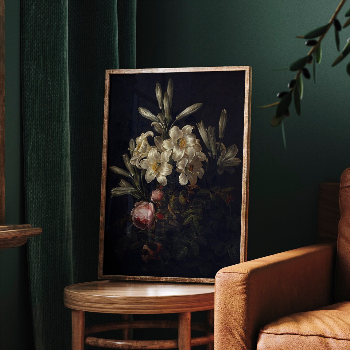White Lilies Pink Roses Dark Floral Still Life Vintage Print - Image 3