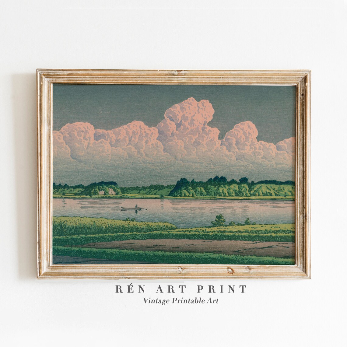 Japanese Woodblock Lake with Pink Clouds Vintage Style Art Print - Image 3
