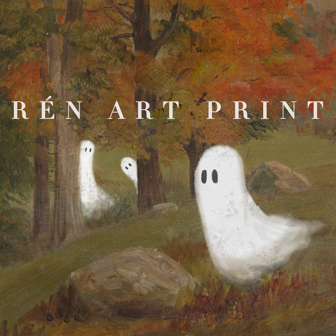 Three Cute Ghosts Autumn Forest Vintage Halloween Spooky Season Painting Poster - Image 3