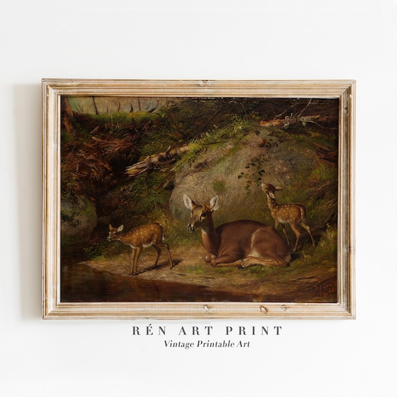 Vintage Deer Print, Doe and Fawn Farmhouse Art Print