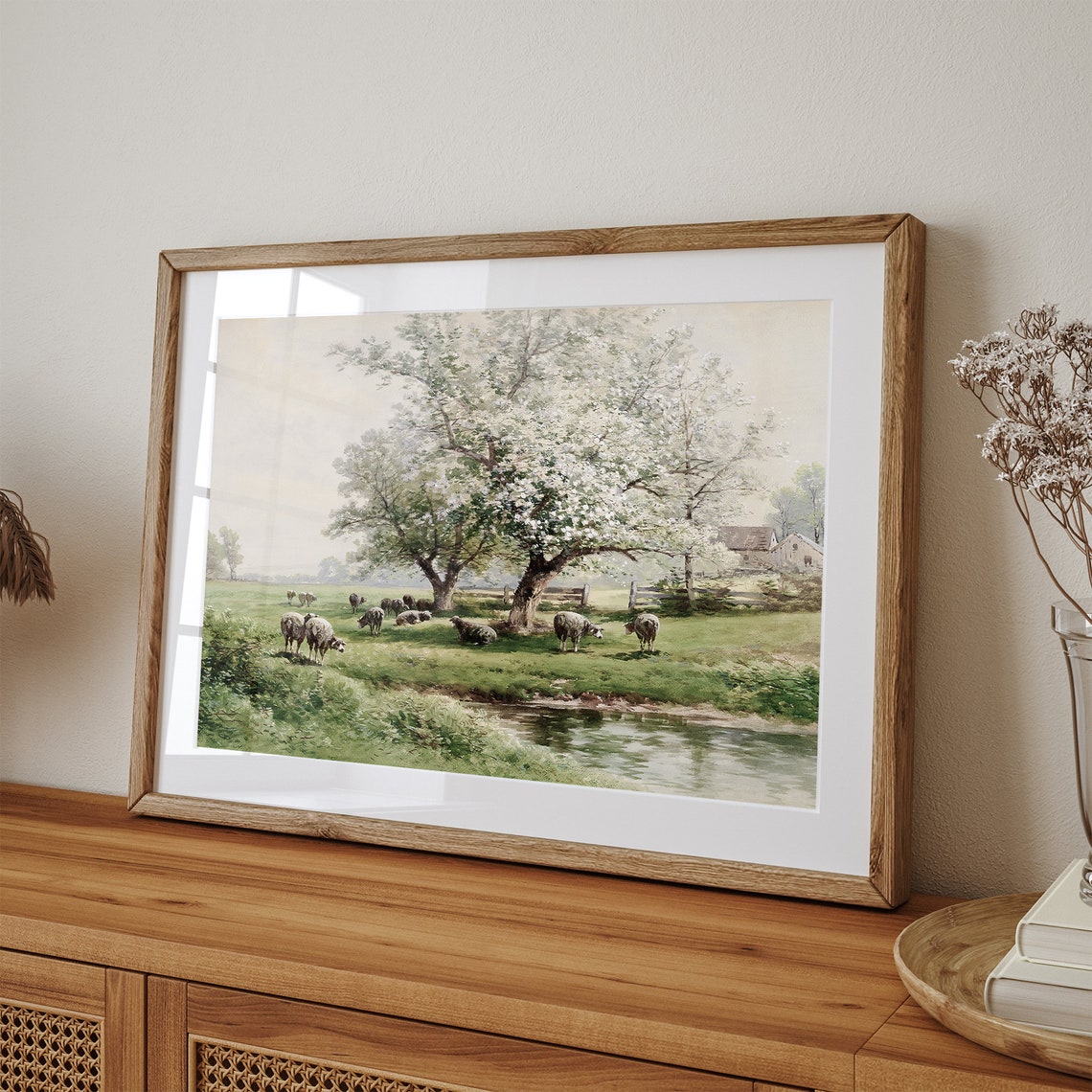 Sheep Grazing in Green Meadow Under Blossoming Tree Spring Poster - Image 3