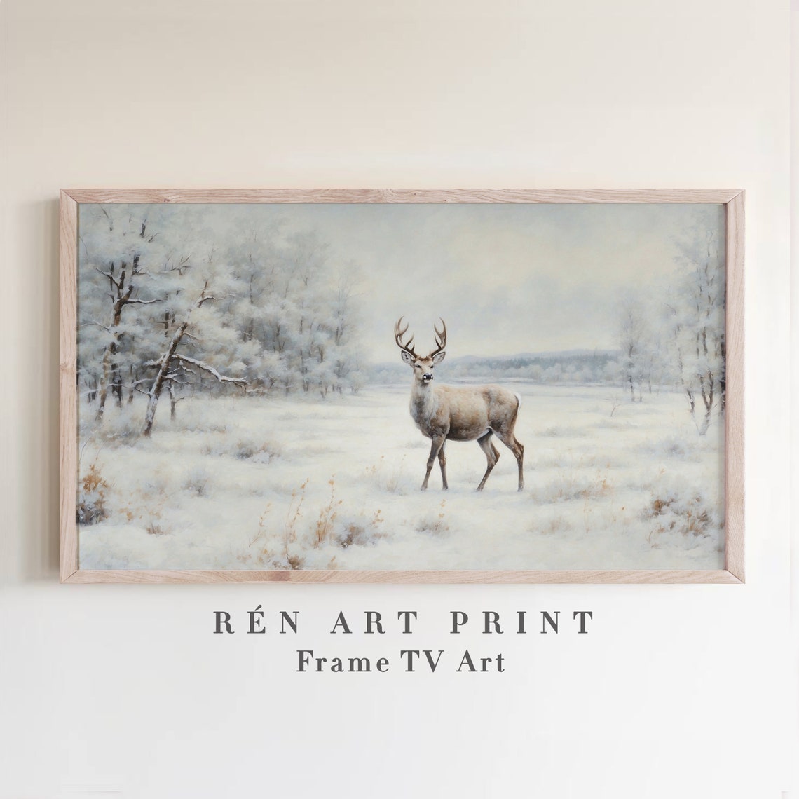 Deer Standing in Snowy Birch Meadow Winter Wildlife Frame TV Poster