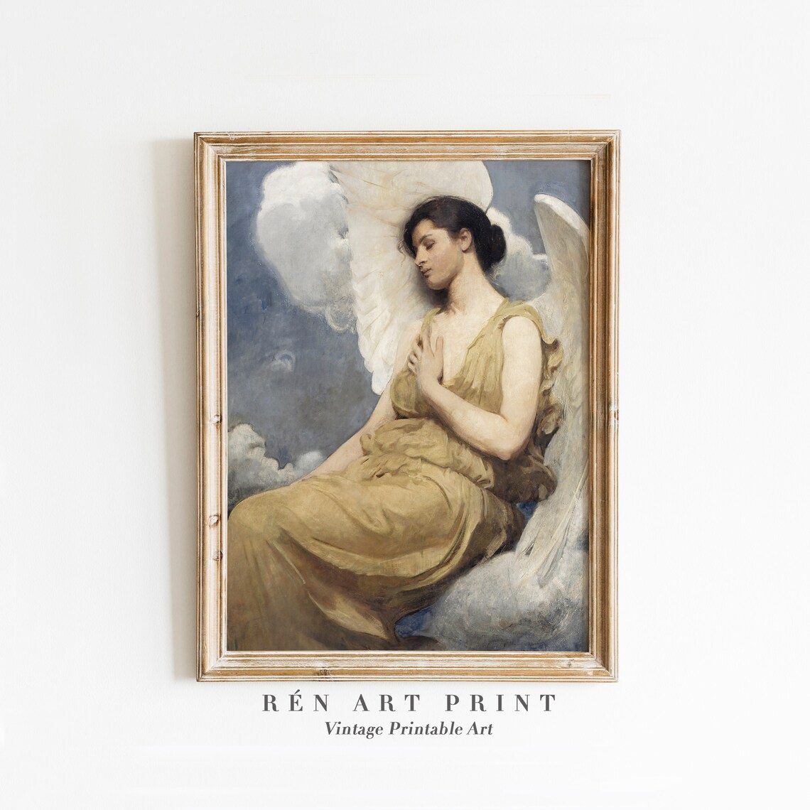 Serene Resting Angel with Golden Wings Antique Religious Art Poster