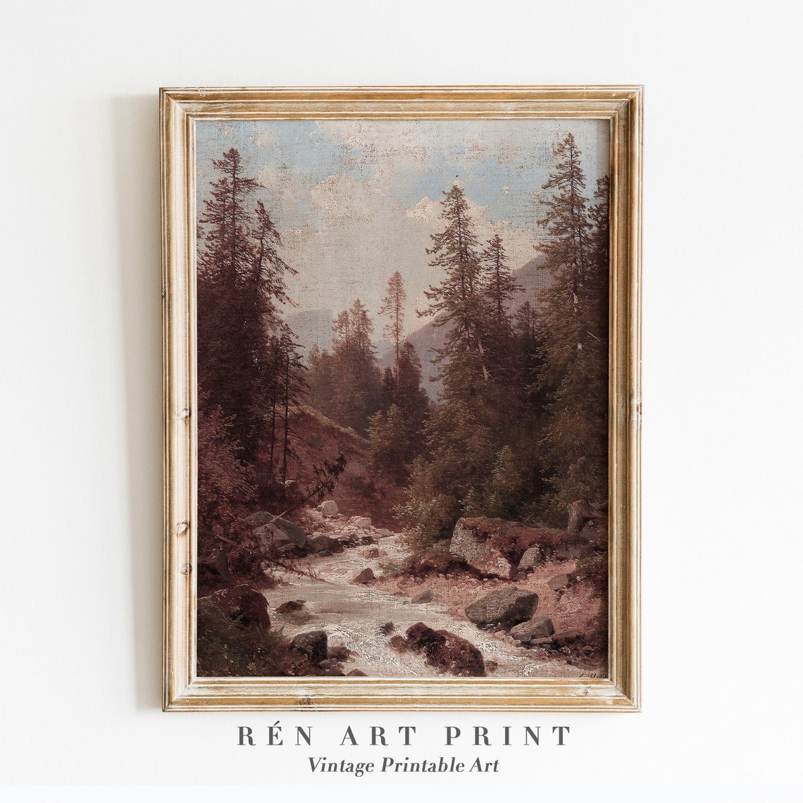 Mountain Stream through Pine Forest Gorge Vintage Landscape Art Poster
