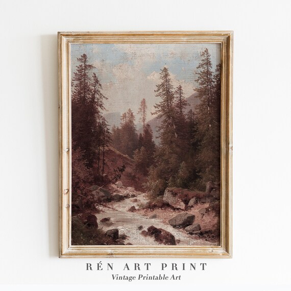Mountain Stream through Pine Forest Gorge Vintage Landscape Art Poster