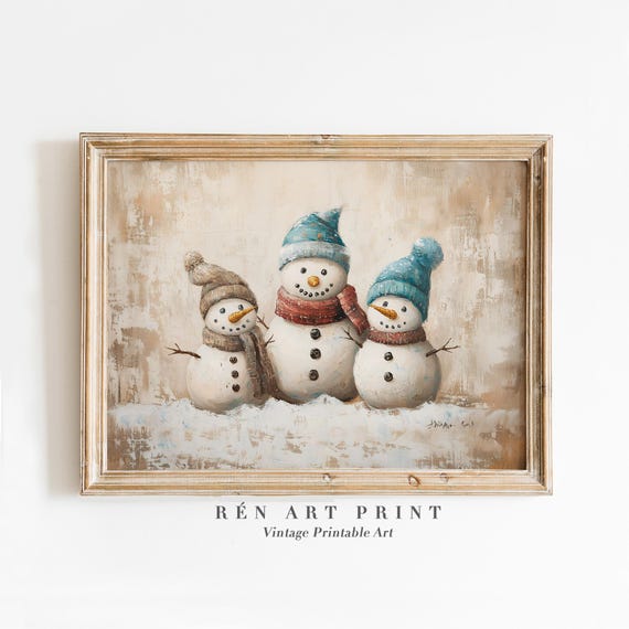 Snowman Family Painting Vintage Christmas Wall Art Neutral Christmas Wall Decor Nursery Winter Wall Art Cute Holiday Print