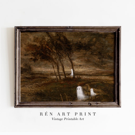 Ghosts In Vintage Autumn Landscape Painting Moody Halloween Wall Art Cute Ghosts Art Spooky Halloween Decor Art
