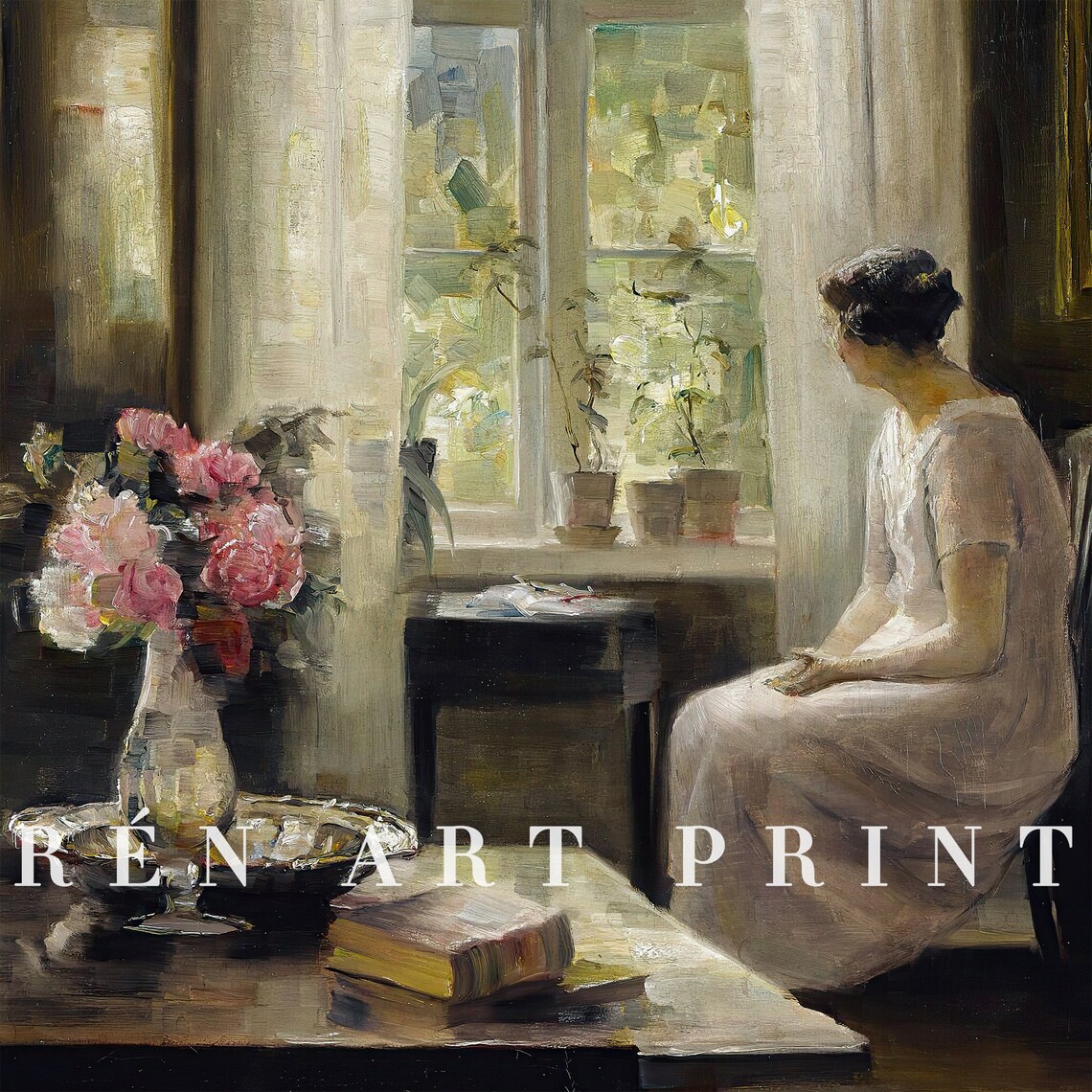 Vintage Woman Painting Print, Antique Interior Scene - Image 3