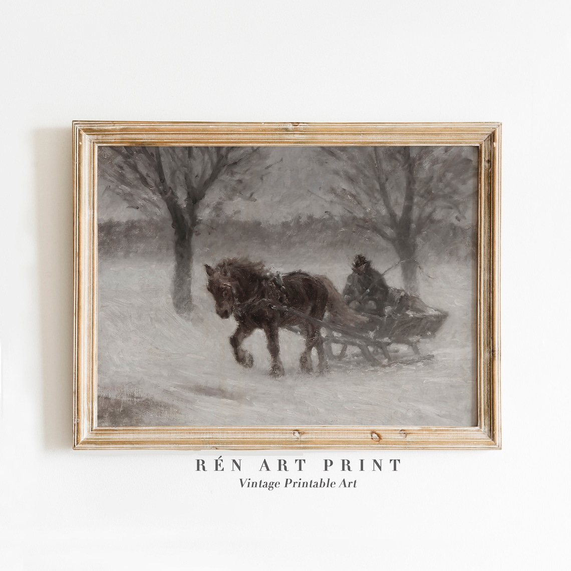 Vintage Winter Sleigh Riding Art Print, Rustic Christmas