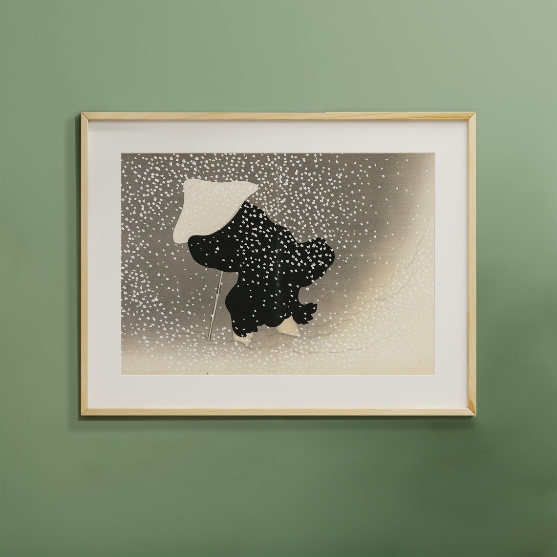 Serene Japanese Woodblock Figure in Falling Snow Vintage Wall Art - Image 3