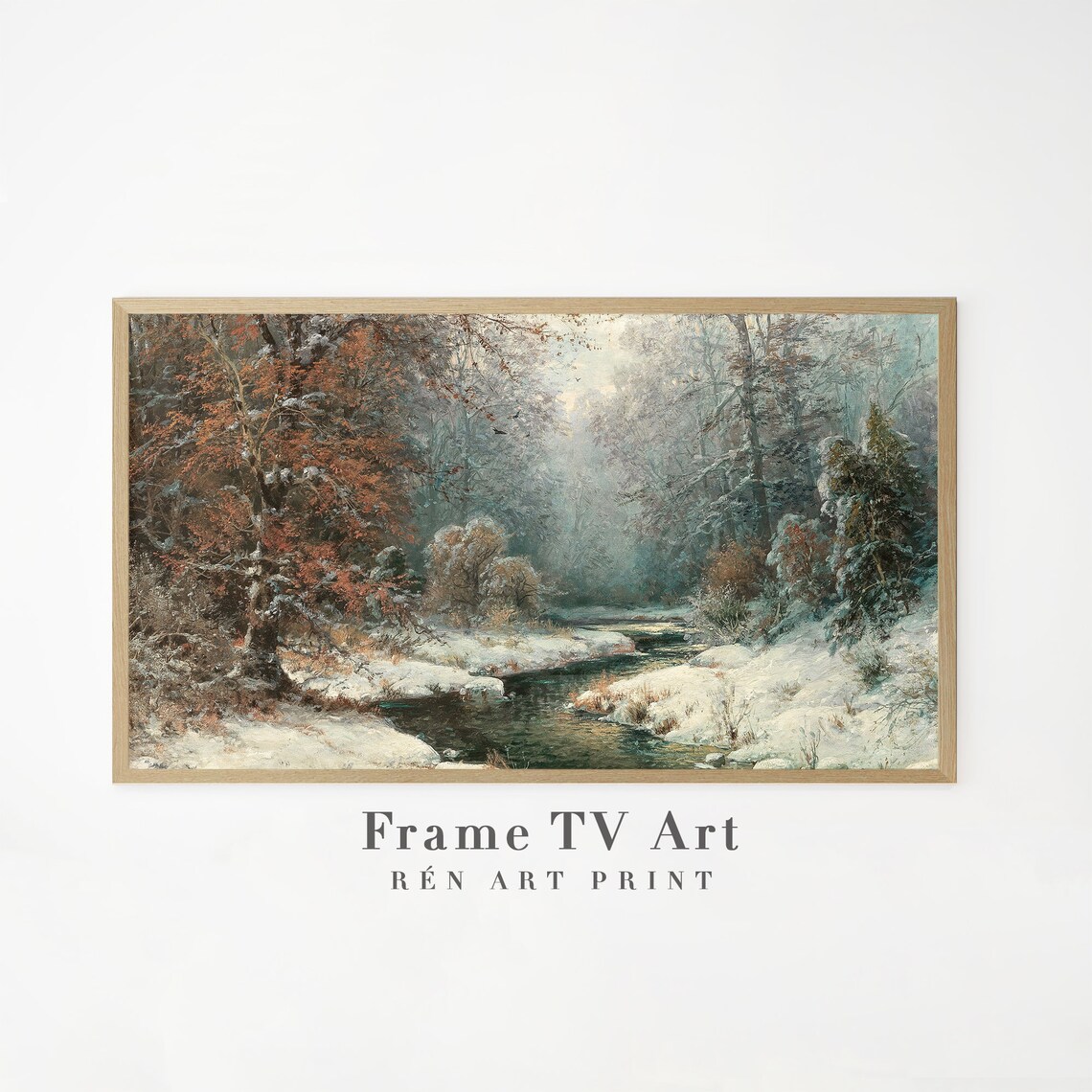 Misty Winter Woodland Stream Snowy Forest Creek Vintage Wall Art
