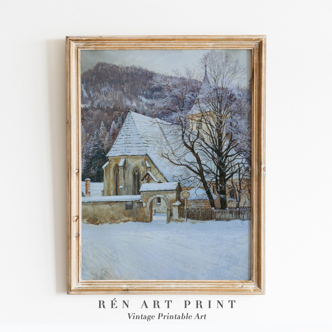 Snowy Mountain Church Winter Village Chapel Vintage Wall Art
