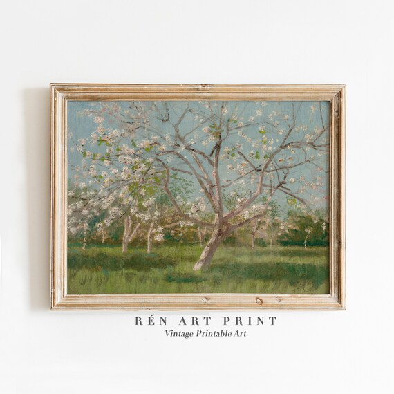 White Blossom Tree Vintage Spring Orchard Meadow Flowering Art Poster