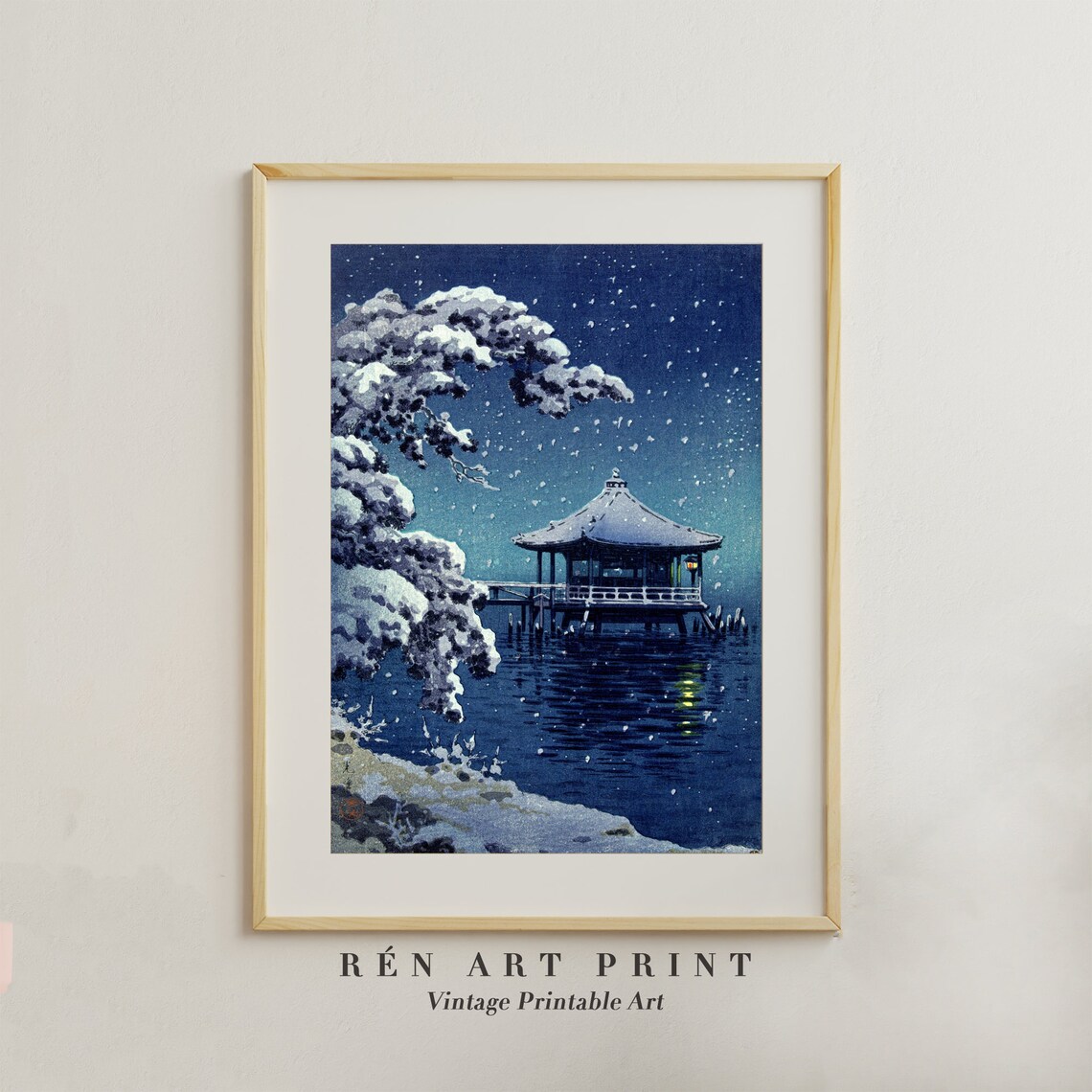 Snowy Pavilion on Water Japanese Woodblock Print Winter Night Scene