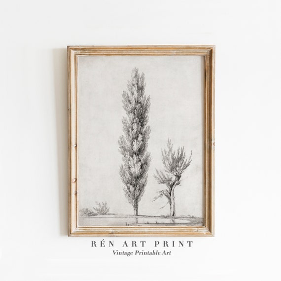 Vintage Neutral Tree Art Print, Minimalist Landscape