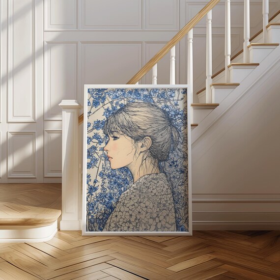 Blue Floral Girl Art Line Drawing Portrait Natureinspired Feminine Wall Elegant Woman Poster Lilas Wild Garden