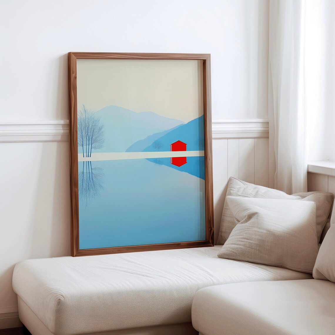 Minimal Winter Lake Reflection Red Cabin Blue Mountains Serene Art Poster