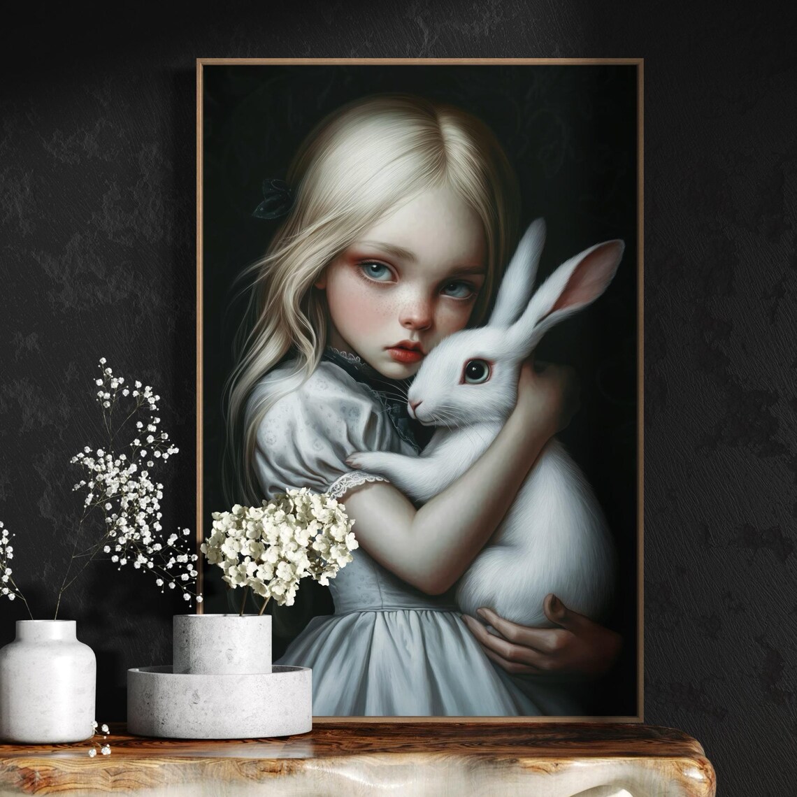 Blonde Girl Hugging White Rabbit Dark Fairytale Portrait Gothic Wall Poster - Image 5