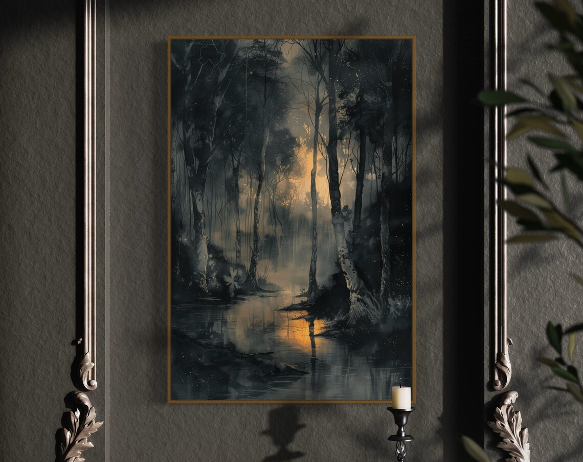 Dark Forest Sunset Print Mystical Gothic Forest Painting Print Dark Forest Art Twilight Goth Room Decor Home Decore