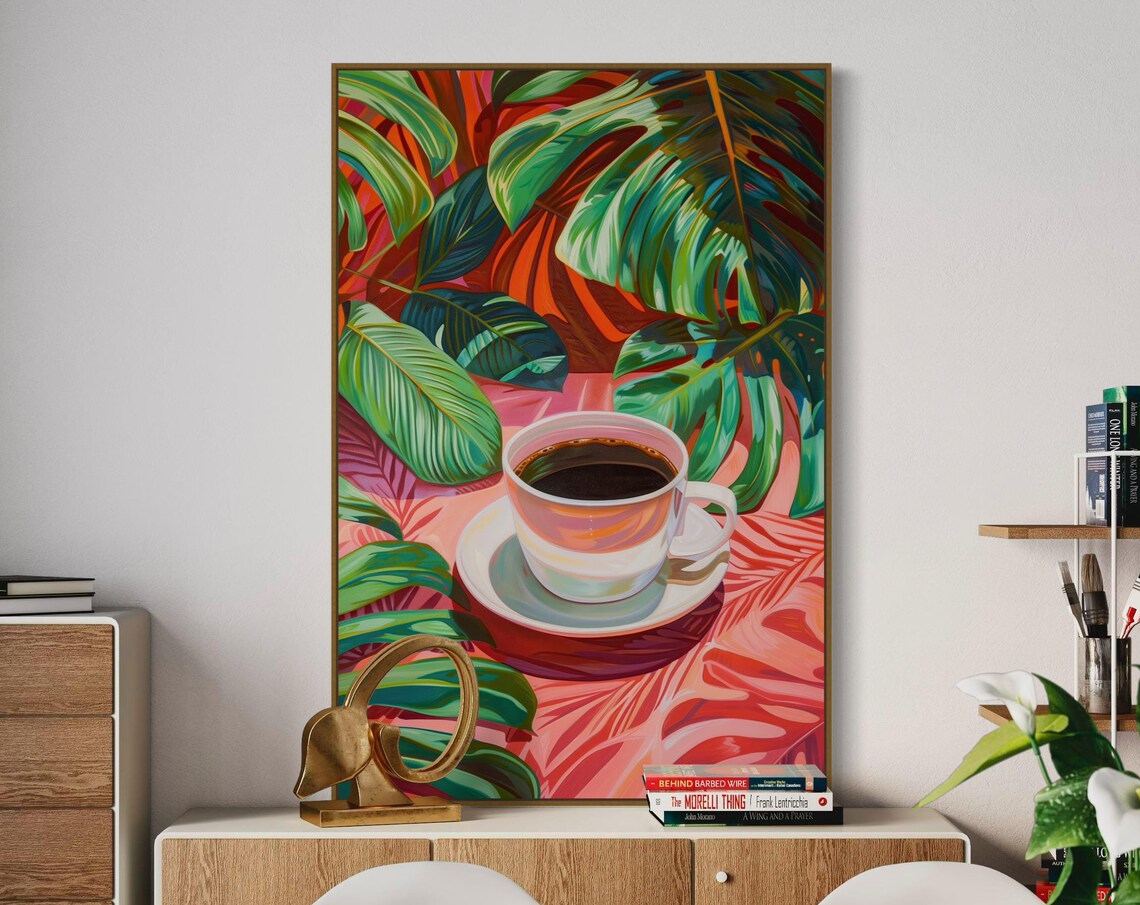 Coffee Art in Tropical Paradise, Tropical Leaves Art Print