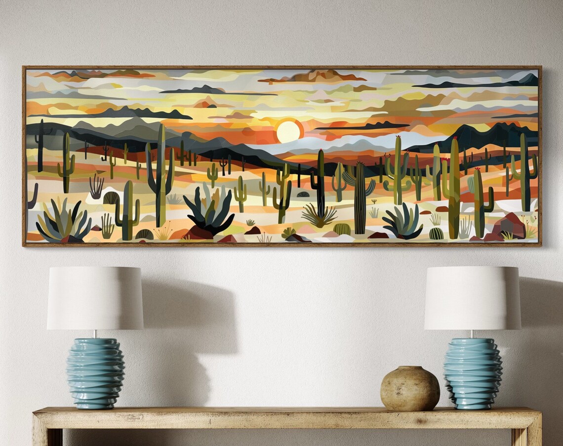 Boho Desert Sunset Cactus Landscape Art Print, Panoramic