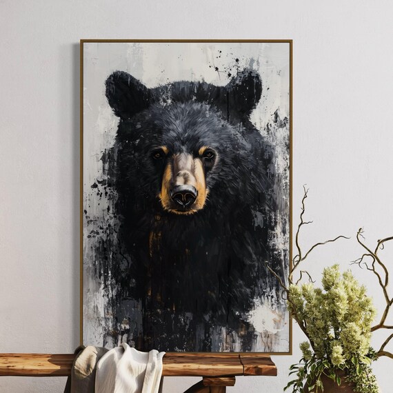 Bold Black Bear Portrait Close Up Gold Splatter Monochrome Art Poster