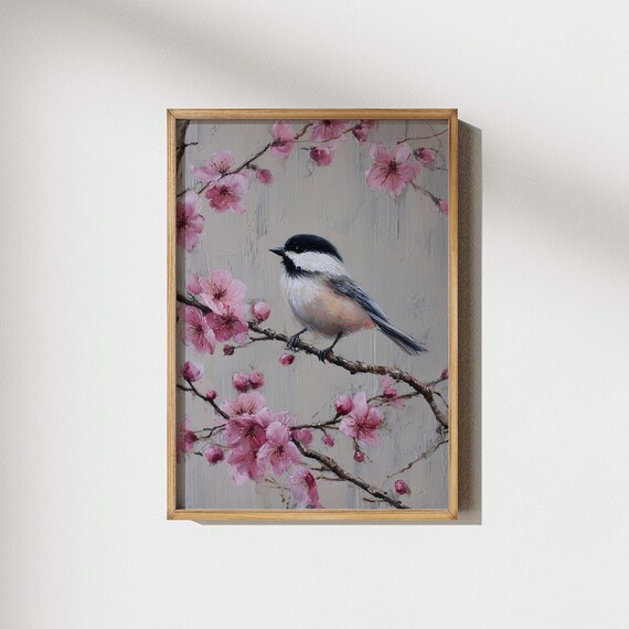 Chickadee Cherry Blossom Wall Art Spring Bird Print Pink Floral Decor Botanical Nursery Prints