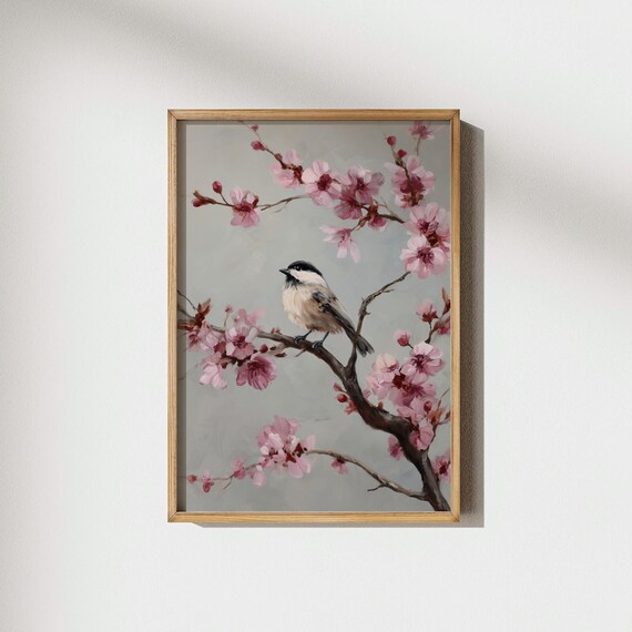 Chickadee on Cherry Blossom Branch Spring Bird Floral Poster