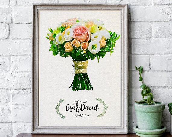 Custom Watercolor Wedding Bouquet, Bridal Gift