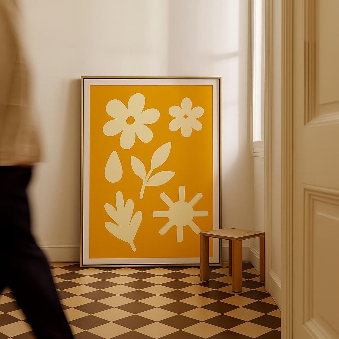 Mustard Yellow Midcentury Abstract Floral Daisies Artwork Poster