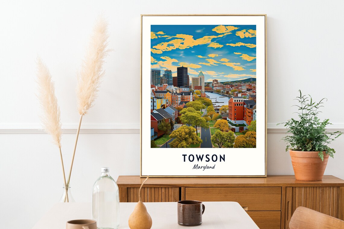 Towson City Skyline in Autumn Colors Maryland USA Travel Poster - Image 2