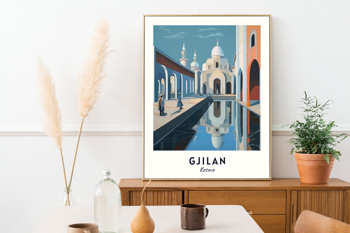 Gjilan Kosovo White Domed Mosque Courtyard With Pool Reflection Poster - Image 2