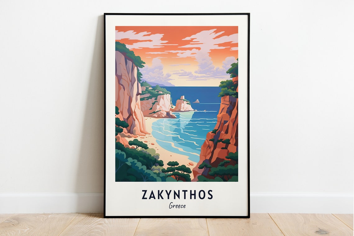 Zakynthos Greece Dramatic Cliffs Beach Cove Sunset Travel Poster